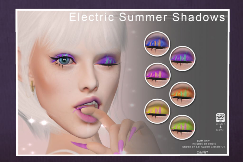 Electric Summer Shadows - EvoX	&lt;a href=&quot;http://maps.secondlife.com/secondlife/Neon%20Coven/138/135/996&quot; target=&quot;_blank&quot;&gt;Teleport&lt;/a&gt;