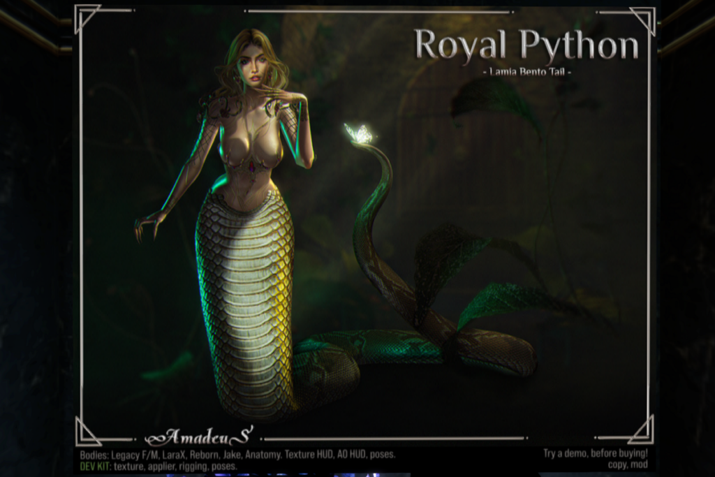 Royal Python Lamia Tail - Anatomy/Jake/Legacy F+M/MaitreyaX/Reborn, L$500 each/L$2000 FP