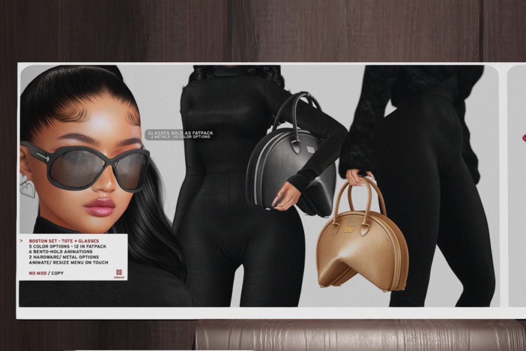 Boston Tote Bag, L$249 each/L$899 FP | Boston Shades, L$249