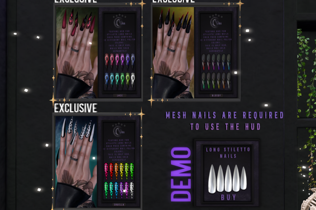 Lace, Bloody and Cruella Nail Appliers for the Aura De La Luna Stiletto Nails, L$350 each | Aura De La Luna Stiletto Nails, L$399