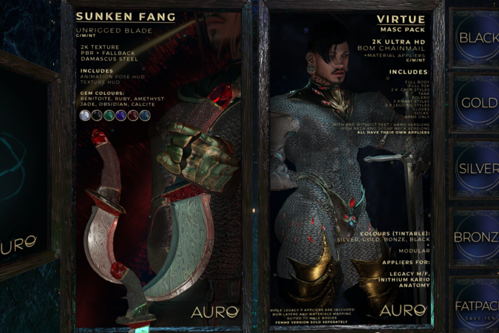 Sunken Fang Dagger, L$450 | Virtue Masc Chainmail - BOM/Anatomy/Kario/Legacy, L$450 each/L$1500 FP