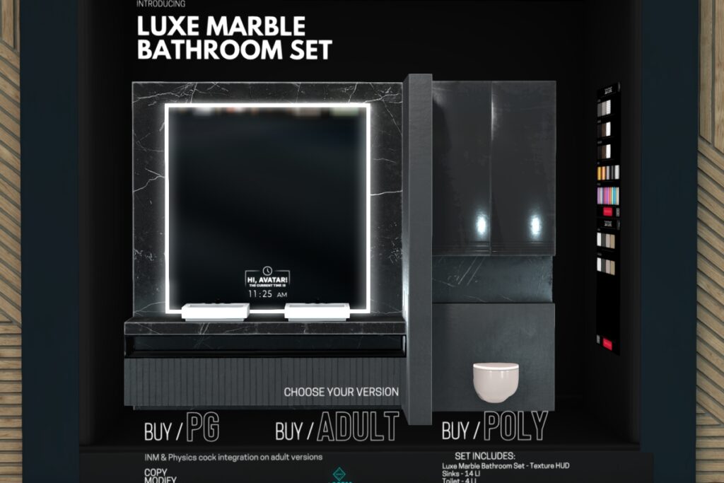 Luxe Marble Bathroom Decor Set, L$899 PG/L$1699 Adult/L$2299 Poly