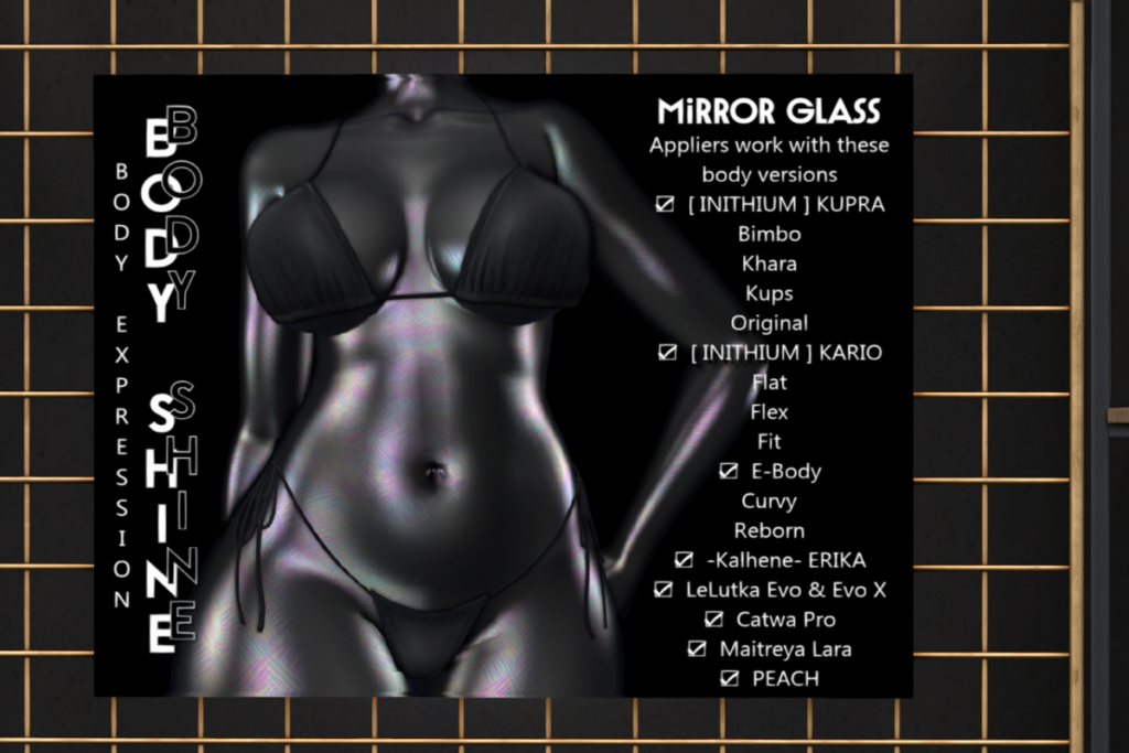Mirror Glass Shine - see ad for fits, L$200-L$300 each/L$1200 FP