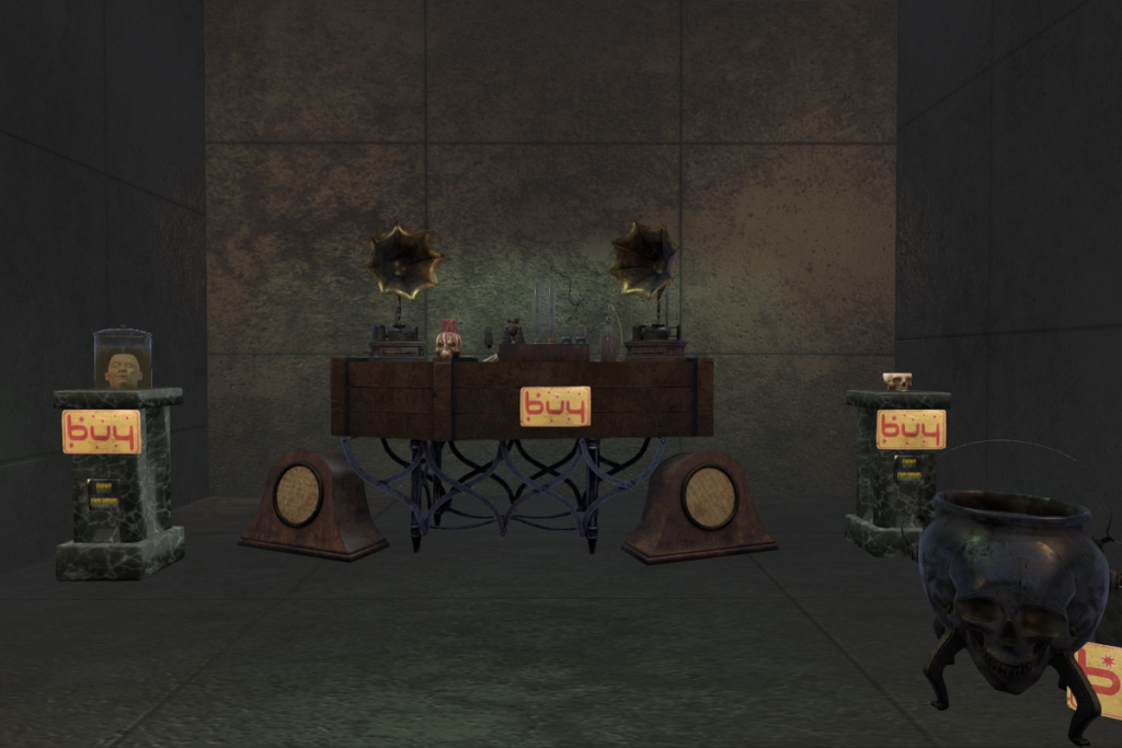Head In A Jar, L$100 | Coffin DJ Table, L$1999 | Skull Bowl, L$100 | Skull Cauldron, L$200