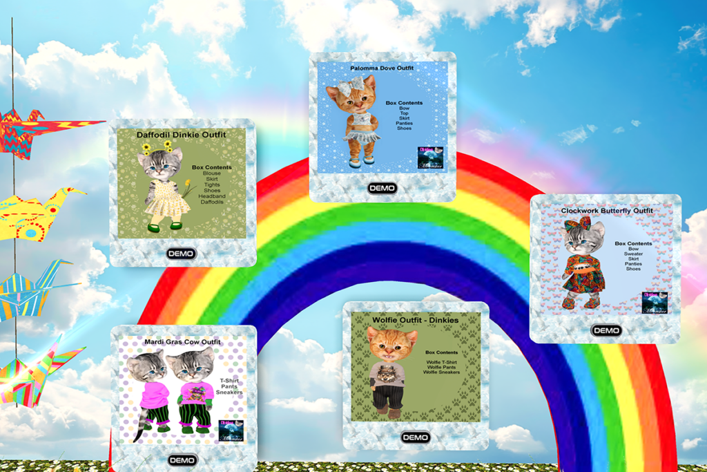 Daffodil, Paloma Love, Clockwork, Wolfie, Mardi Gras Cow Outfits, L$150-L$160 each