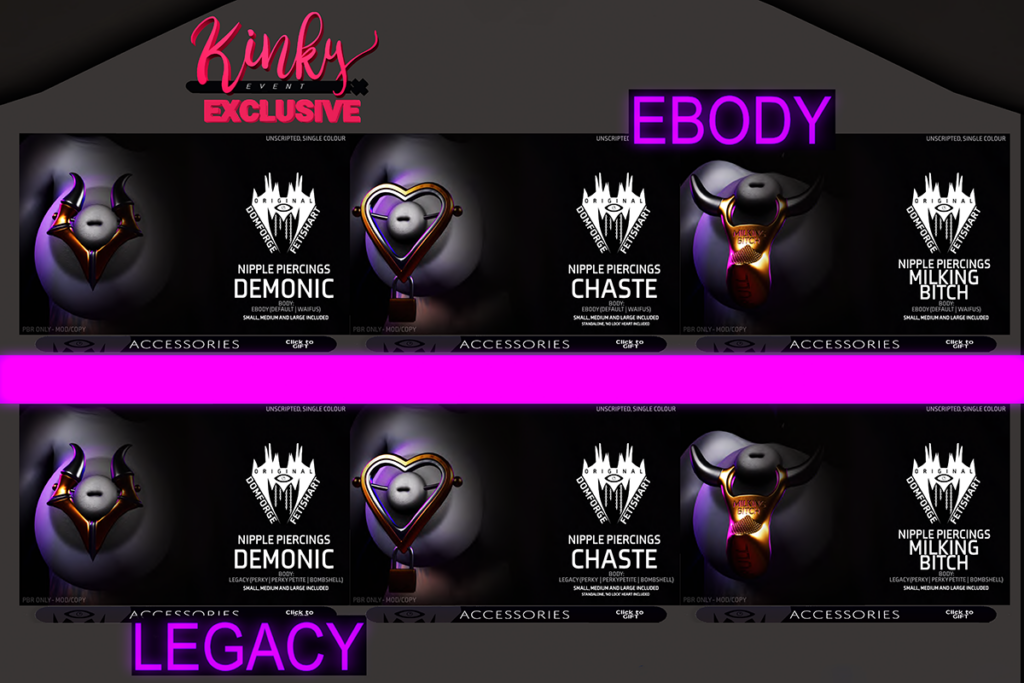 Demonic, Chaste and Milking Bitch Piercings - Legacy/Reborn, L$599 each/L$3055 FP