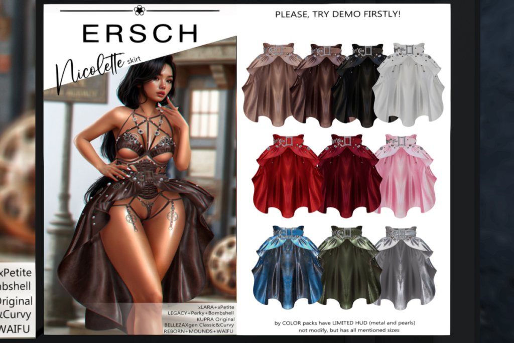 Nicolette Skirt - GenX/Inithium/Legacy/MaitreyaX/Reborn/+mods, L$249 each/L$999 FP