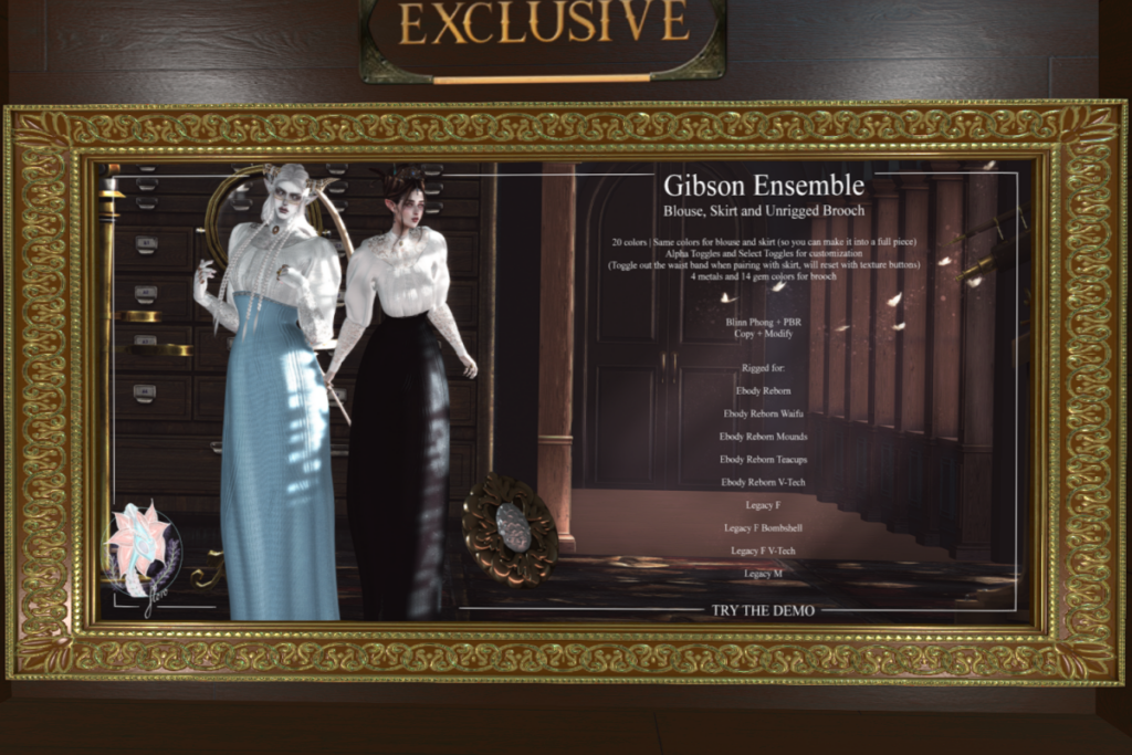 Gibson Blouse, Skirt and Brooch - Legacy F+M/Reborn/Unrigged/+mods, L$250-L$400 each/L$1050 FP