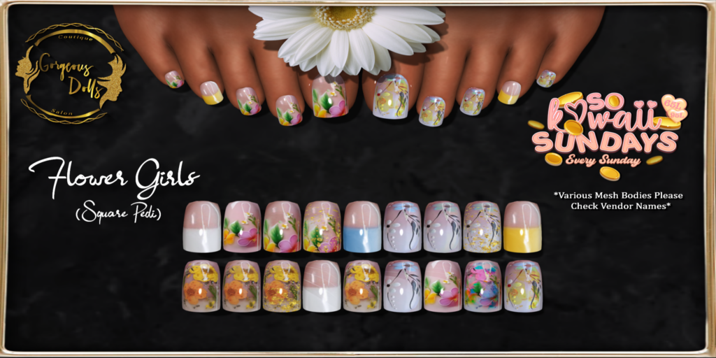 Flower Girls Mesh Toenails - no fits listed	&lt;a href=&quot;http://maps.secondlife.com/secondlife/Nori/218/167/2029&quot;&gt;Teleport&lt;/a&gt;