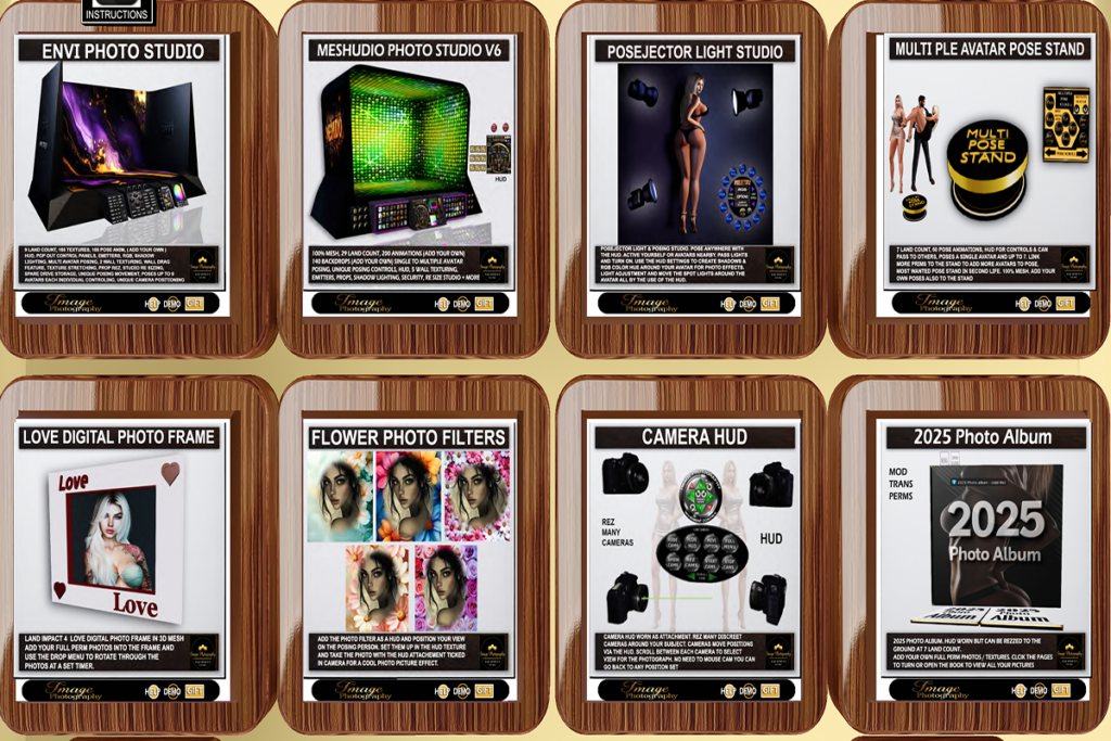 Photo Booth, Pose Stands, Filters, Frames, Giftcards, L$150-L$5999 each