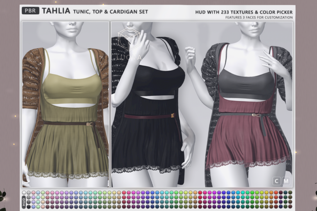 Tahlia Tunic, Top and Cardigan - Legacy/MaitreyaX/Reborn/+mods, L$240 each/L$480-L$1040 each FP/L$1840 MP