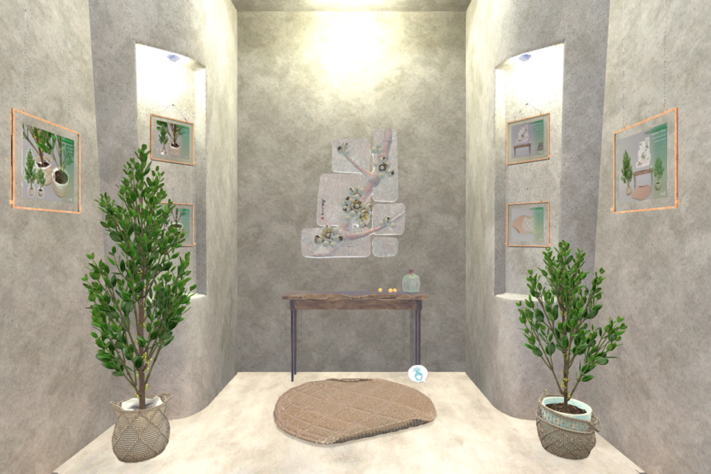 Carcinia Trees, L$180 each/L$280 FP | Console Table and Relief Set, L$280 | Full Circle Carpet, L$120 | Happiness Full Set, L$520
