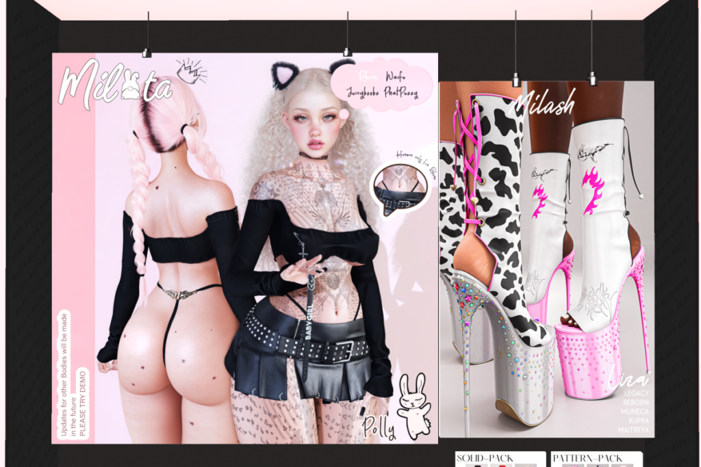 Polly Top, Skirt and Panties - Reborn/+mods, L$250-L$360 each/L$640-L$840 each FP | Liza Boots - Inithium/Legacy/Maitreya/Reborn/Yentements, L$550 each/L$800 FP