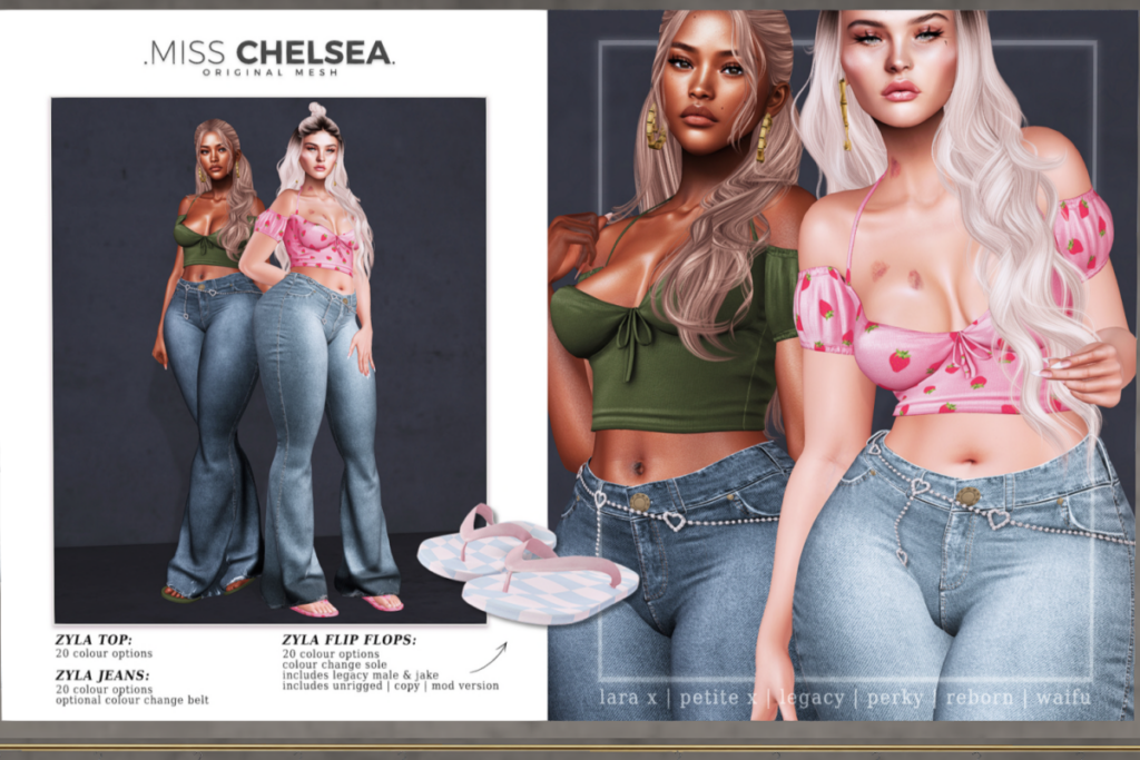 Zyla Top, Jeans, &amp; Flip Flops - Legacy/MaitreyaX/Reborn/+mods, L$250-L$500 each/L$1499 each FP/L$2999 MP
