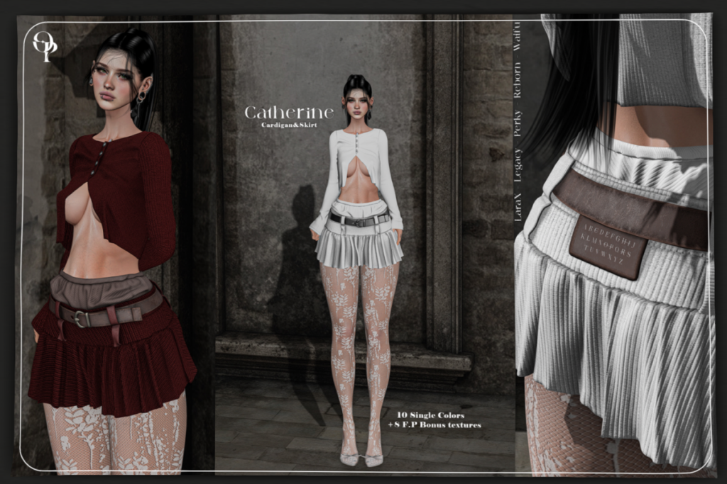 Catherine Cardigan and Skirt - Legacy/MaitreyaX/Reborn/+mods, L$260-L$320 each/L$1260 each FP/L$2260 MP
