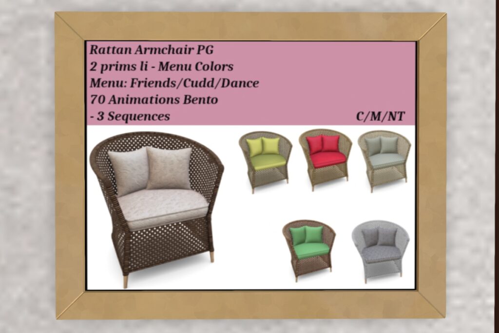 Rattan Armchair, L$350 PG/L$600 Adult