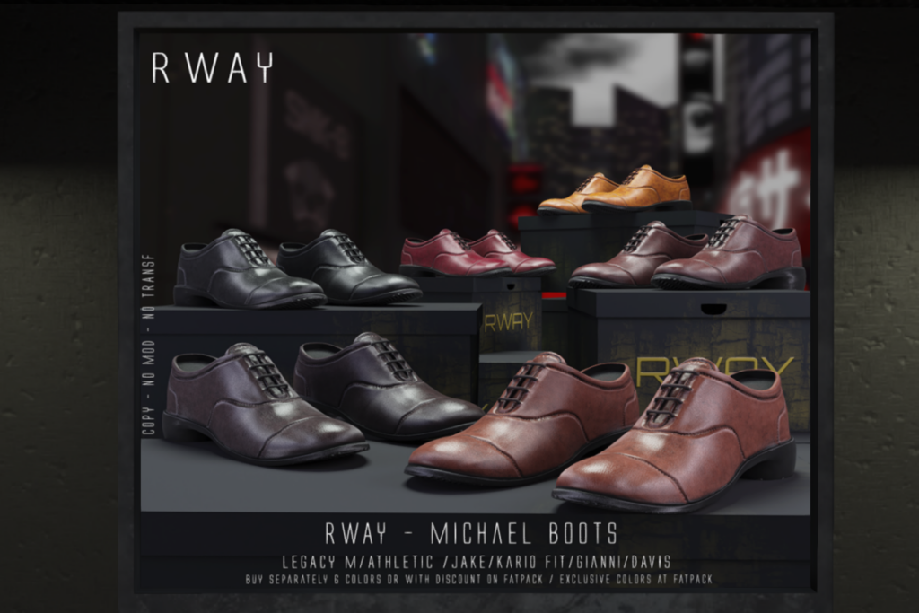 Michael Boots - Davis/Jake/Gianni/Kario Fit/Legacy/+mods, L$300 each/L$1250 FP