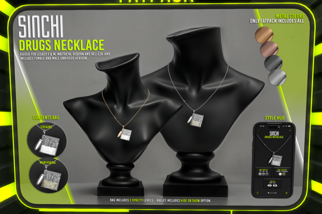 Drugs Necklace - Jake/Legacy F+M/Maitreya/Reborn/Unrigged, L$399 each/L$799 FP