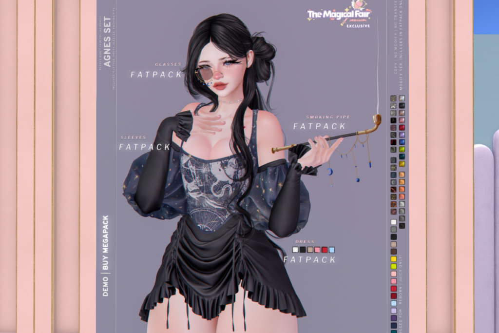 Agnes Glasses, Sleeve, Smoking Pipe &amp; Dress - Reborn/+mods, L$350 each/L$350-L$1850 FP/L$2500 MP