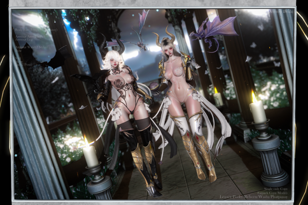Demon Bride Bodysuit, Waist Bow, Arm &amp; Leg, and Horn &amp; Veil - Legacy/Reborn/+mods, L$359-L$399 each/L$899-L$1399 each FP/L$3240 MP