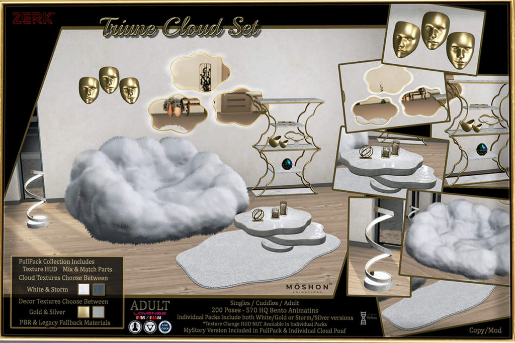 Triune Cloud Set Decoration, L$200-L$950 each/ L$950 PG FP/L$1200 Adult FP