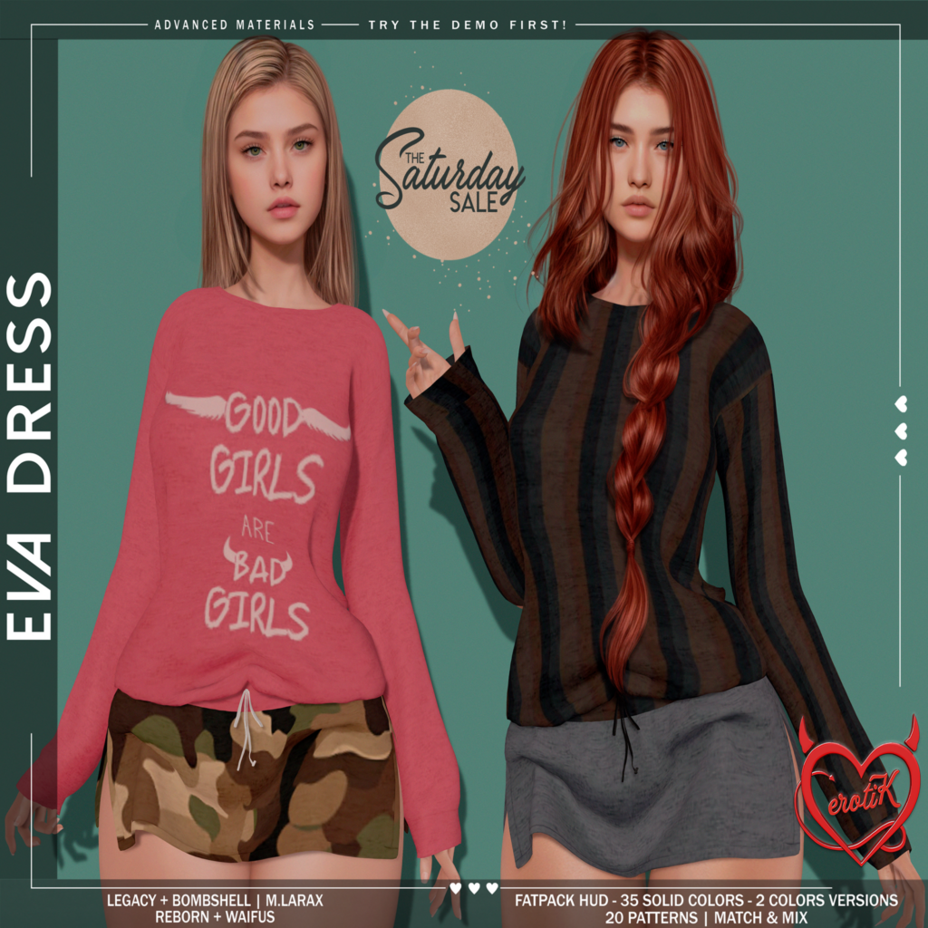 Eva Dress - Erika/GenX/Inithium/Legacy/MaitreyaX/Reborn/+mods	&lt;a href=&quot;http://maps.secondlife.com/secondlife/WIP/112/134/1501&quot; target=&quot;_blank&quot;&gt;Teleport&lt;/a&gt;