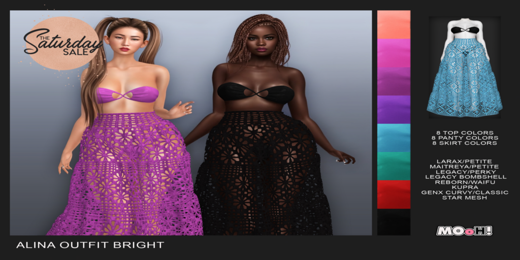 Alina Outfit - No fits listed	&lt;a href=&quot;http://maps.secondlife.com/secondlife/Chillium/177/79/1702&quot; target=&quot;_blank&quot;&gt;Teleport&lt;/a&gt;