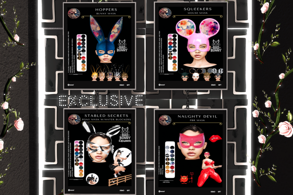 Hopper Bunny Mask - Lelutka, L$299 | Squeekers Mouse Mask, Stabbed Secret Mask,  and Naughty Devil Mask, L$299 each