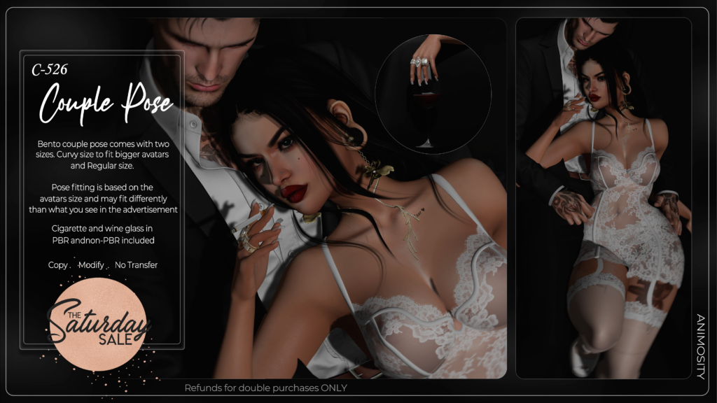 C-526 Couples Pose	&lt;a href=&quot;https://maps.secondlife.com/secondlife/Cravone/198/133/30&quot;&gt;Teleport&lt;/a&gt;