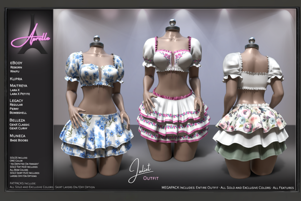 Juliet Top and Skirt - GenX/Inithium/Legacy/MaitreyaX/Reborn/Yentements/+mods, L$269 each/L$999 each FP/L$1599 MP