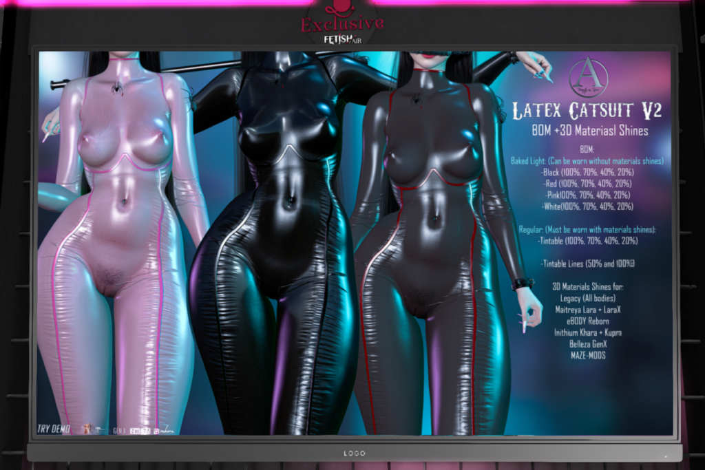 Latex Catsuit v2 - BOM/GenX/Inithium/Legacy/Maitreya/Reborn/+mods, L$499 each/L$699 FP