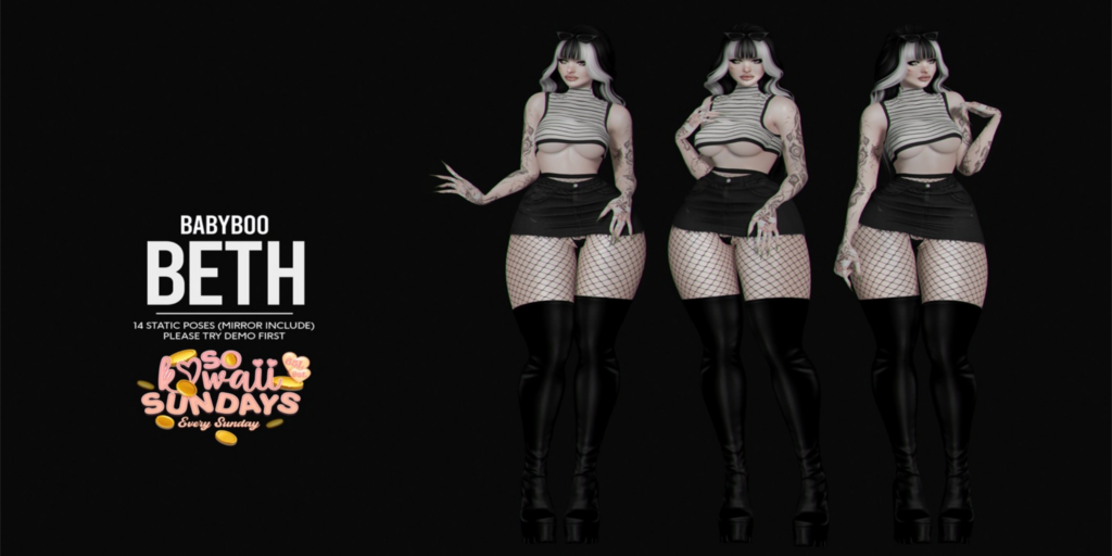 Beth Poses	&lt;a href=&quot;http://maps.secondlife.com/secondlife/Cult%20Grounds/16/23/1022&quot;&gt;Teleport&lt;/a&gt;