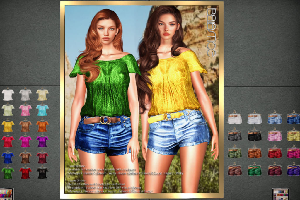 Jodi Blouse and Lune Shorts - GenX/Inithium/Legacy/MaitreyaX/Reborn/+mods, L$195-L$245 each/L$1775-L$1995 each FP