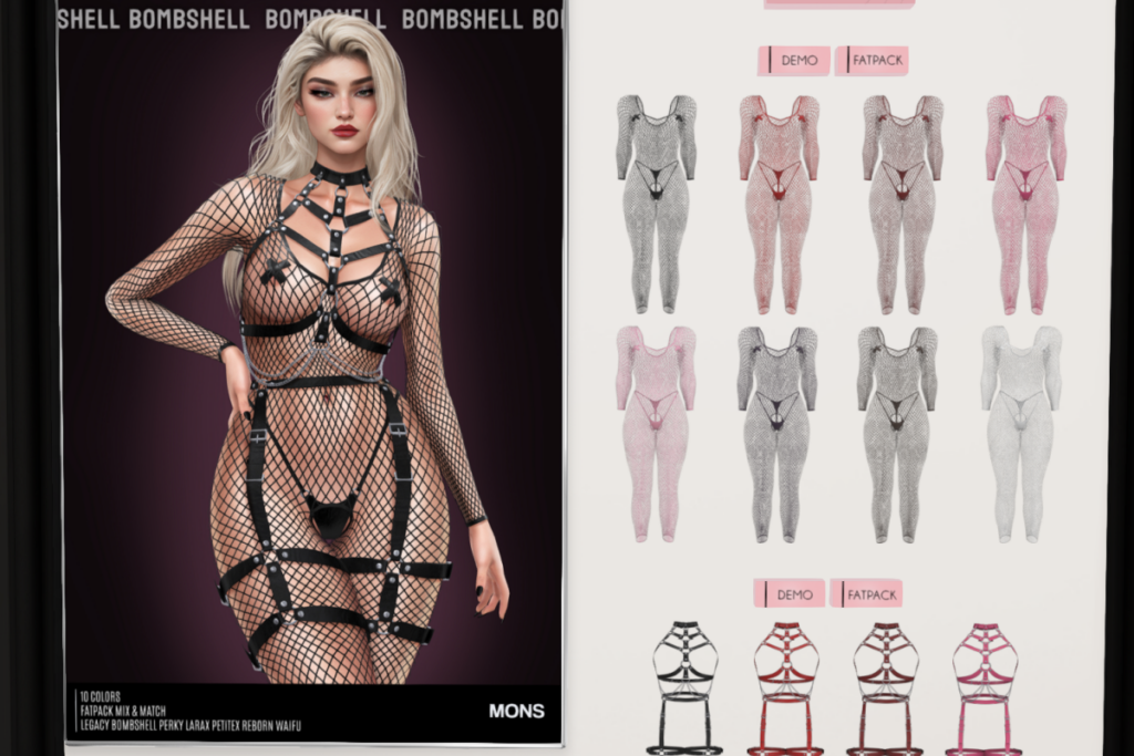 Mons Bodysuit and Harness - Legacy/MaitreyaX/Reborn/+mods, L$290 each/L$1290 each FP/L$1990 MP