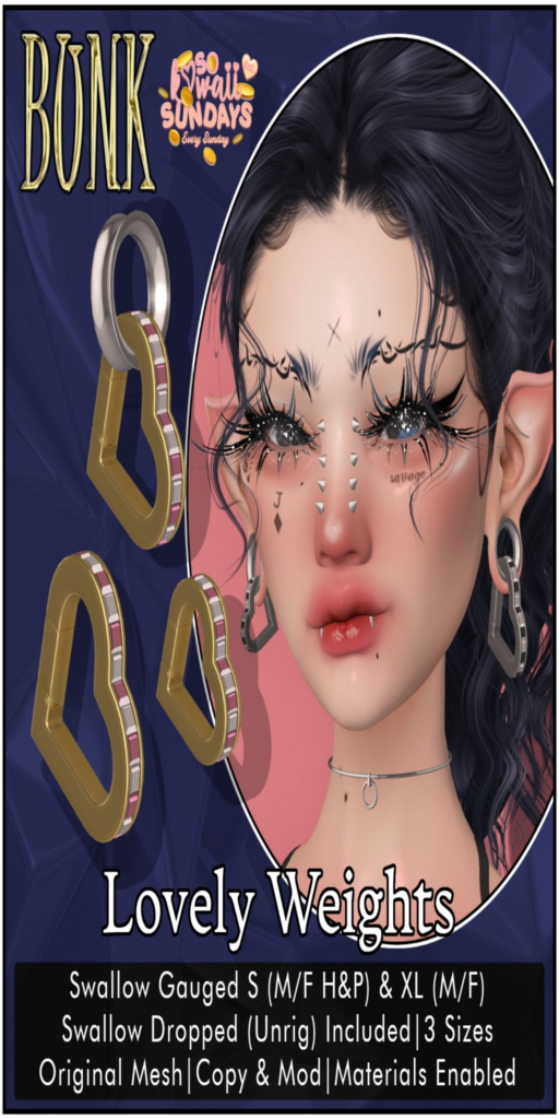 Lovely Weights Earrings - Swallow Dropped/Swallow Gauged S+XL M+F	&lt;a href=&quot;http://maps.secondlife.com/secondlife/Slyme/125/204/1098&quot;&gt;Teleport&lt;/a&gt;