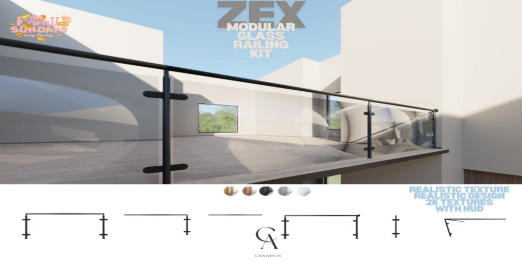 Zex Modular Glass Railing Decor Kit	&lt;a href=&quot;http://maps.secondlife.com/secondlife/Canarun/244/131/24&quot;&gt;Teleport&lt;/a&gt;