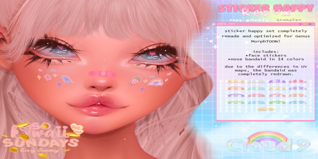 Sticker Happy Cosmetics - Genus	&lt;a href=&quot;http://maps.secondlife.com/secondlife/Velvet%20Isle/139/25/2847&quot;&gt;Teleport&lt;/a&gt;