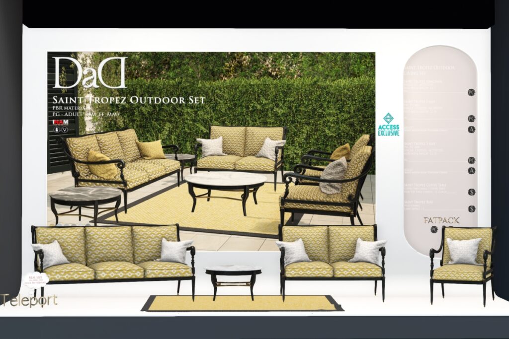 Saint Tropez Outdoor Decor Set, L$180-L$640 each/L$1350-L$1850 each FP