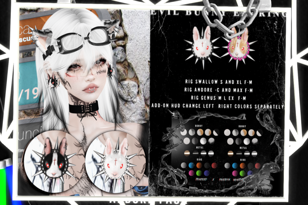 Evil Bunny Earrings - Lex C &amp; Max F+M Ears/Genus M, L &amp; Max F+M Ears/Swallow Gauged S &amp; XL F+M Ears, L$320 each/L$799 FP/L$199 Add-on