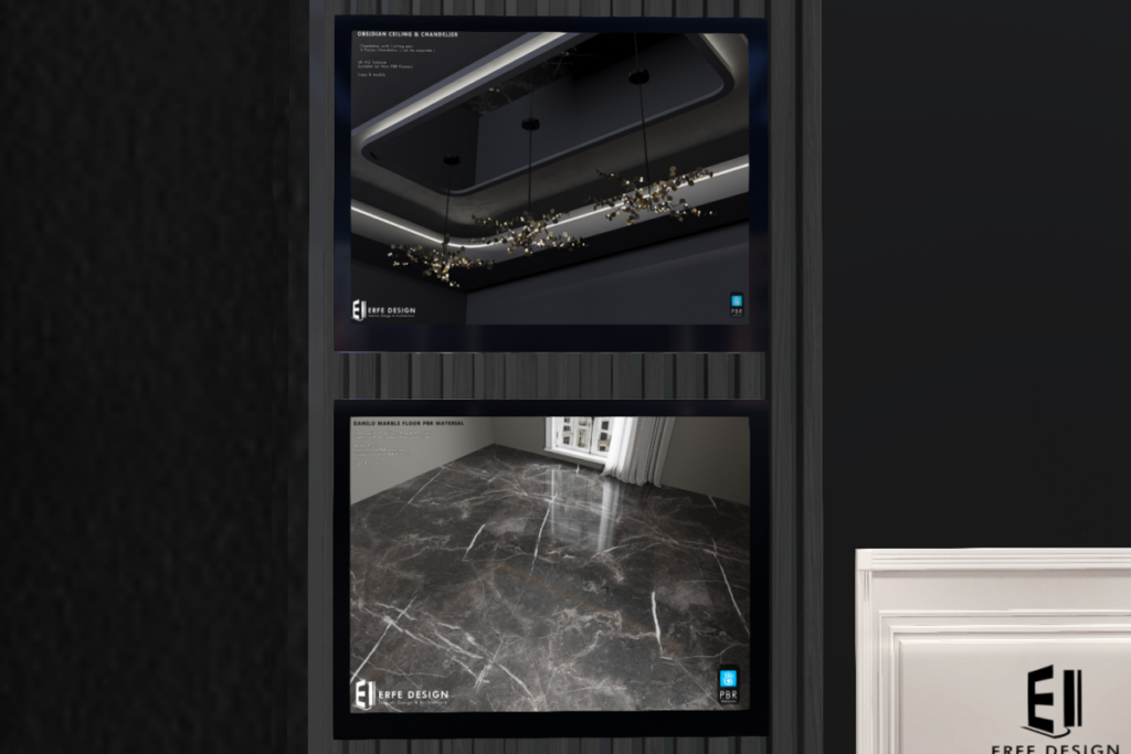 Obsidian Chandelier with Ceiling Light, L$490 | Danilo Marble PBR Floor Material, L$290