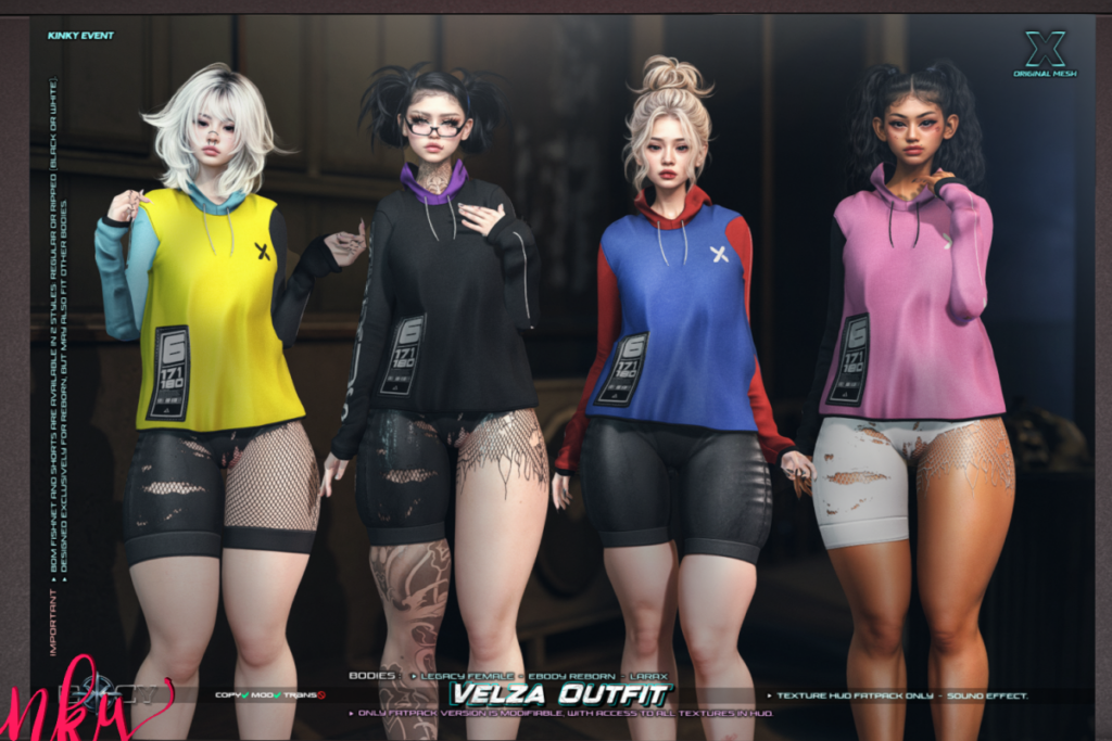 Velza Outfit - Legacy/MaitreyaX/Reborn/+mods, L$199-L$249 each/L$699 FP