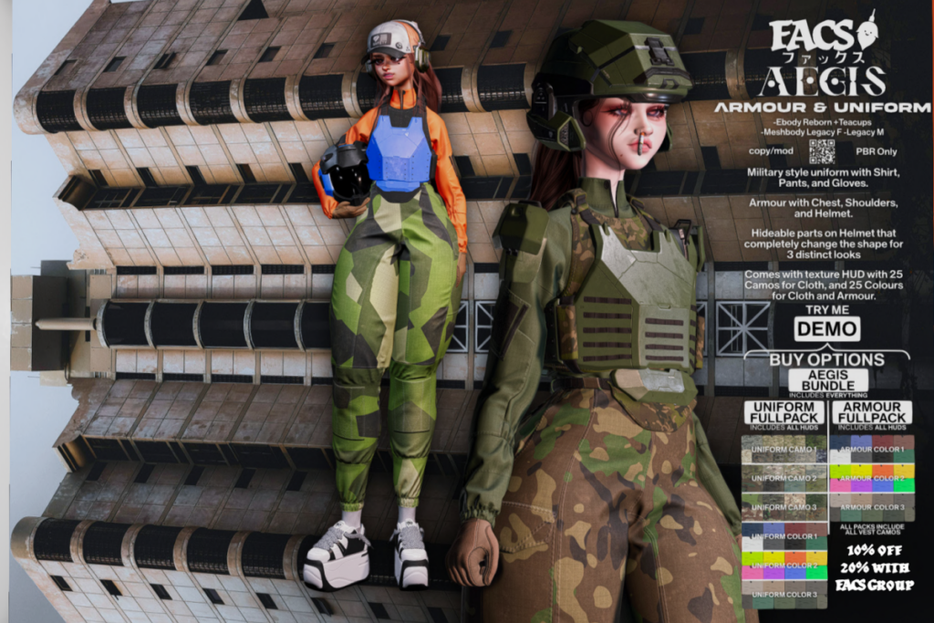 Aegis Armor and Uniform - Legacy/Reborn/+mods, L$585-L$360 each/L$1256-L$1616 each FP/L$2655 MP
