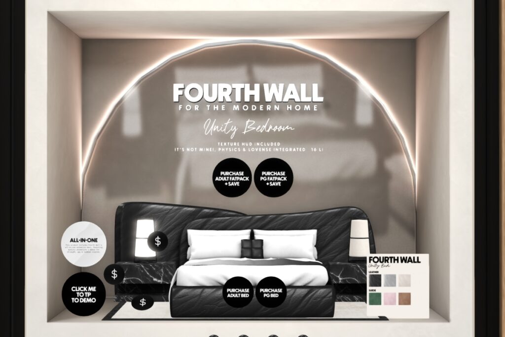 Unity Bedroom Decor Set, L$99-L$1699 each/L$1399 PG FP/L$1799 Adult FP