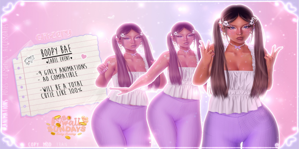 Boopy Bae Animations	&lt;a href=&quot;http://maps.secondlife.com/secondlife/Universa/117/83/1319&quot;&gt;Teleport&lt;/a&gt;