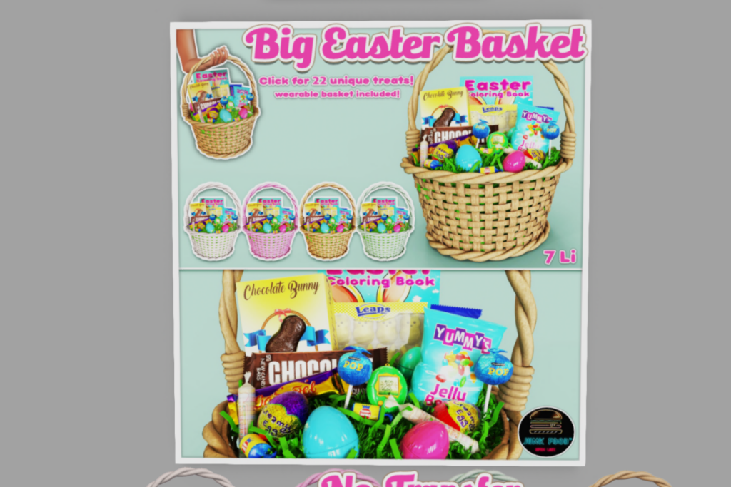 Big Easter Basket	&lt;a href=&quot;http://maps.secondlife.com/secondlife/Junk%20Food/189/81/37&quot; target=&quot;_blank&quot;&gt;Teleport&lt;/a&gt;
