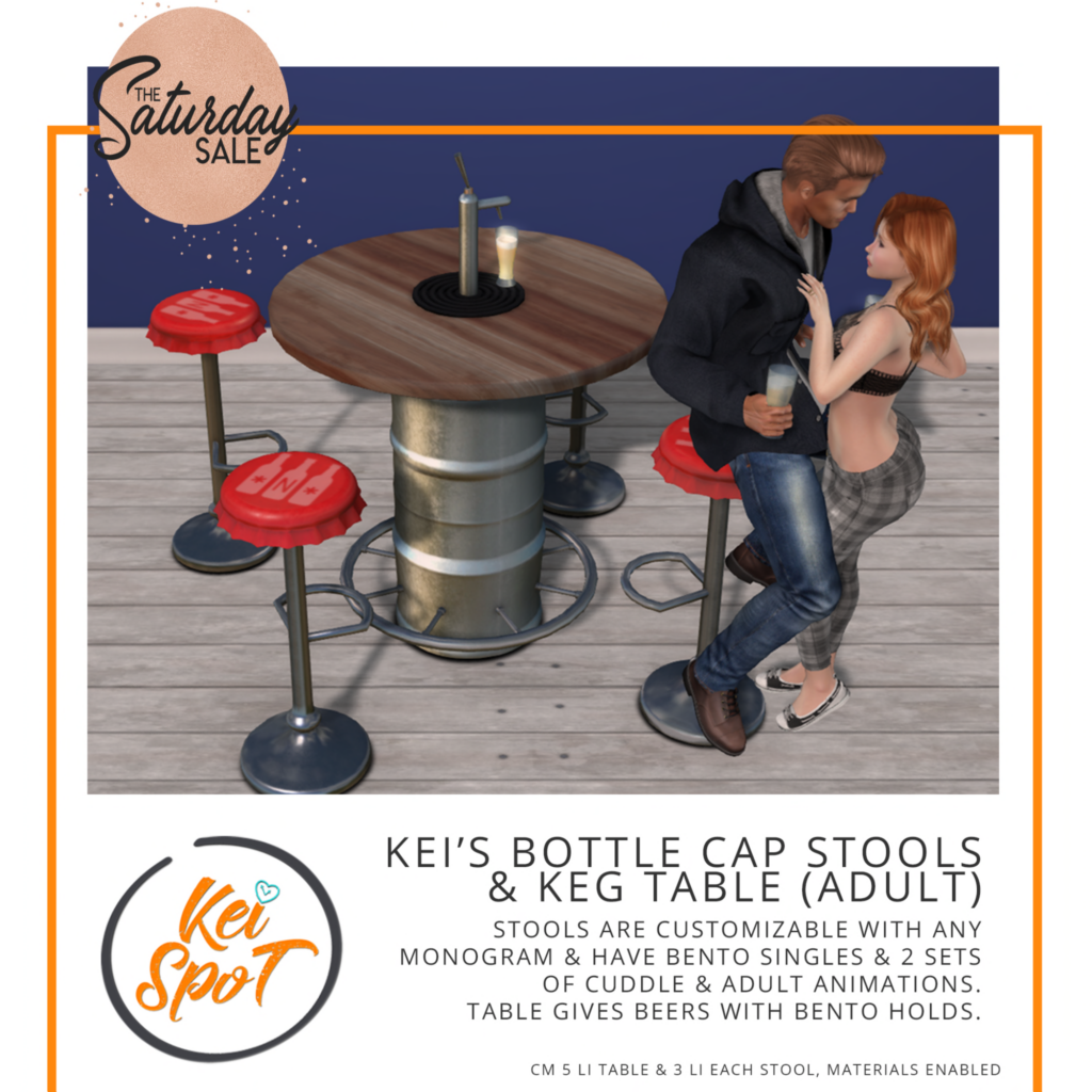Bottle Cap Stools &amp; Keg Table	&lt;a href=&quot;http://maps.secondlife.com/secondlife/Hardrada/90/104/3801&quot;&gt;Teleport&lt;/a&gt;
