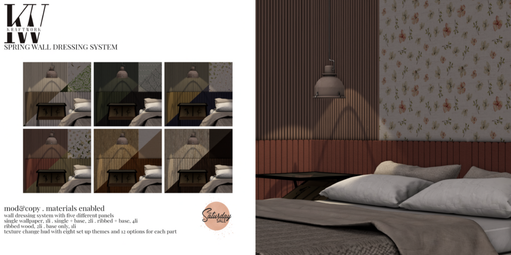 Spring Wall Dressing System	&lt;a href=&quot;http://maps.secondlife.com/secondlife/KraftWork/230/122/21&quot;&gt;Teleport&lt;/a&gt;