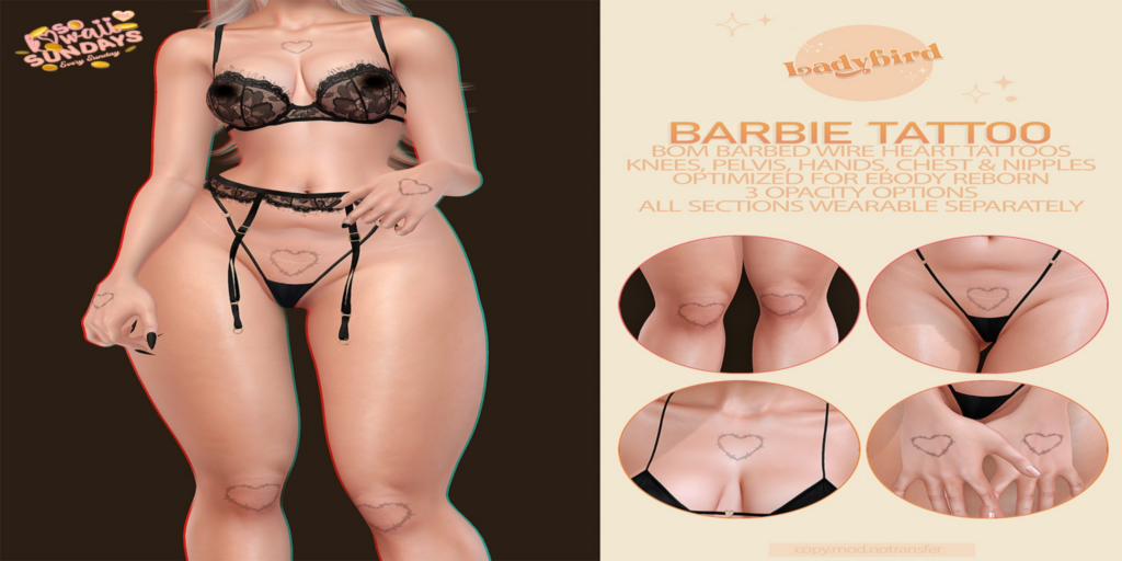 Barbie Tattoo - BOM	&lt;a href=&quot;https://maps.secondlife.com/secondlife/Applesauce/218/25/990&quot;&gt;Teleport&lt;/a&gt;