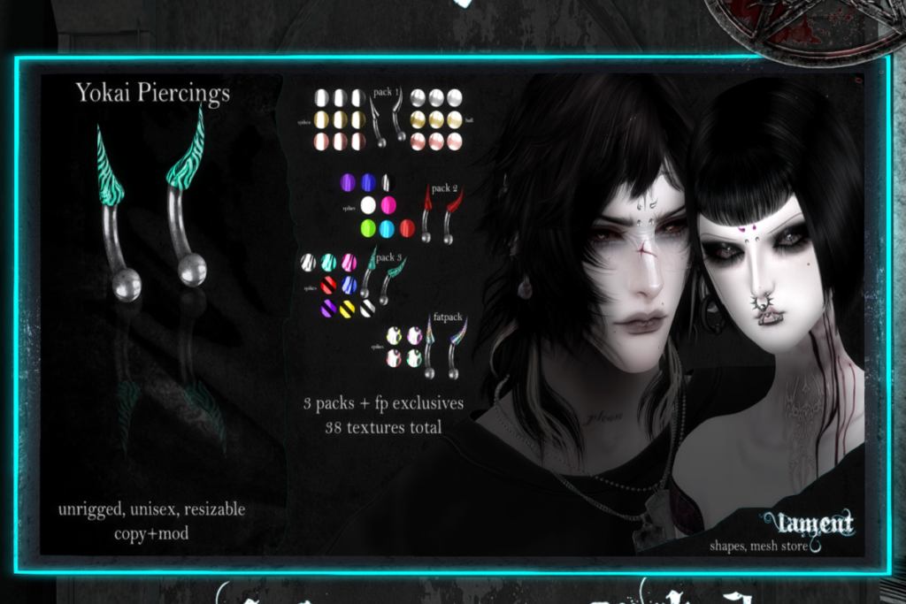 Yokai Piercings, L$200 each/L$400 FP
