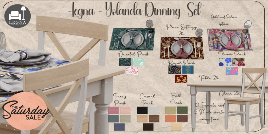 Yolanda Dining Decor Set	&lt;a href=&quot;http://maps.secondlife.com/secondlife/Dream%20Lake/124/123/184&quot;&gt;Teleport&lt;/a&gt;
